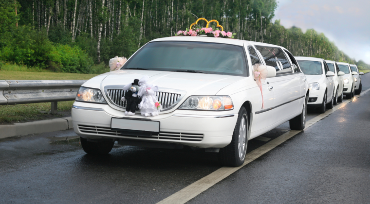 A white limo with two teddy bears on the back of it.