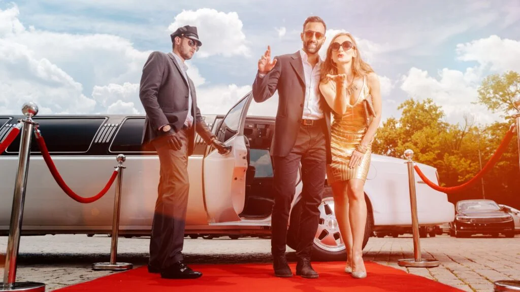 A man and two women standing next to a car.