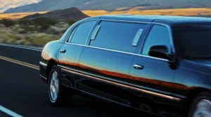 A limo driving down the road in front of mountains.