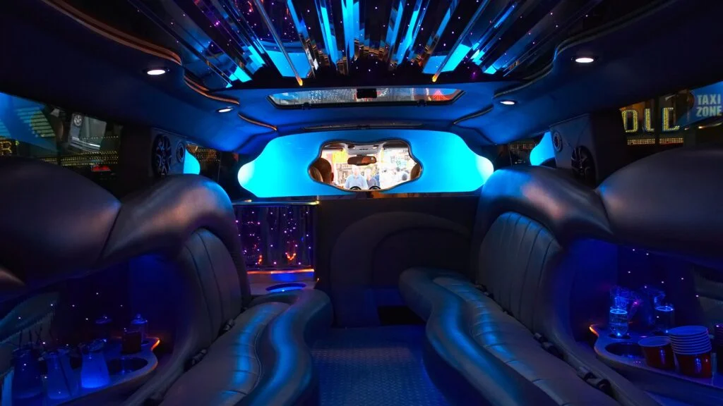 A view of the inside of a limo car.