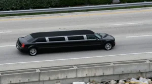 A black limo driving down the street