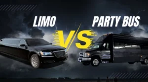 A limo and a party bus are shown side by side.