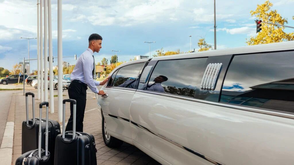 A man with luggage standing next to a white limo.