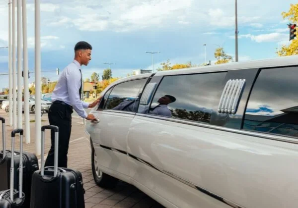 A man with luggage standing next to a white limo.