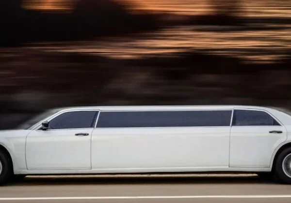 A white limo driving down the street