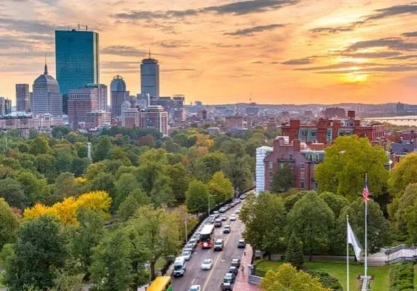 A view of the boston skyline from above.