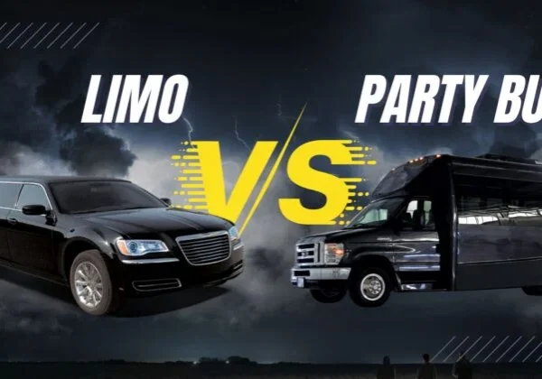 A limo and a party bus are shown side by side.