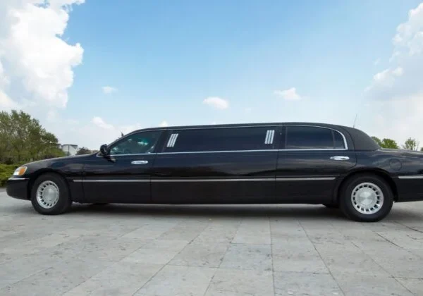 A black limo is parked on the side of the road.