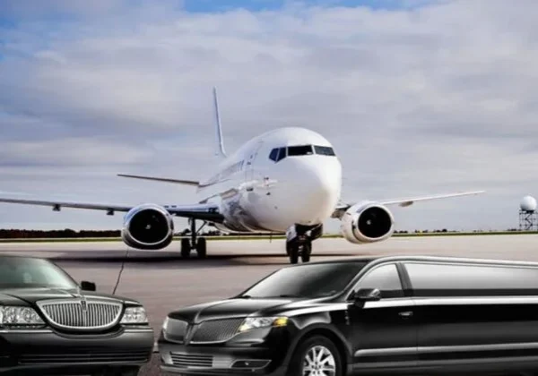 A large white airplane on the runway with cars parked in front of it.