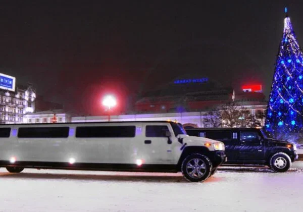 A white limo is parked in the snow.